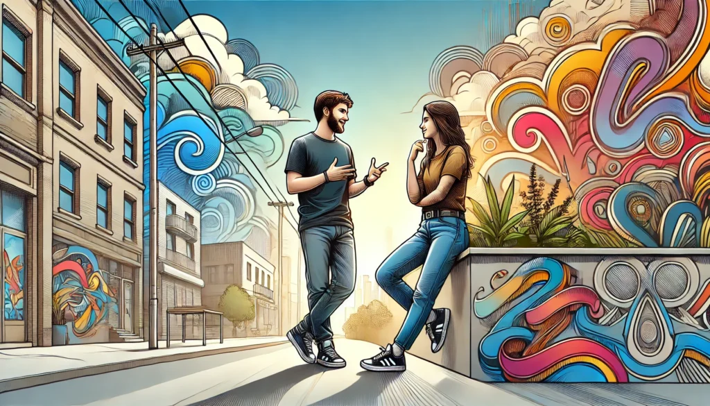 Uma ilustração de duas pessoas conversando de forma animada em um ambiente urbano que remete à cidade de Itapetininga, com um fundo de grafites e prédios típicos. As duas têm posturas relaxadas e gesticulam enquanto falam, sugerindo uma conversa descontraída em gírias. O cenário é iluminado com luz natural, destacando as cores vibrantes da arte de rua e os detalhes que remetem ao estilo urbano da cidade de Itapetininga.